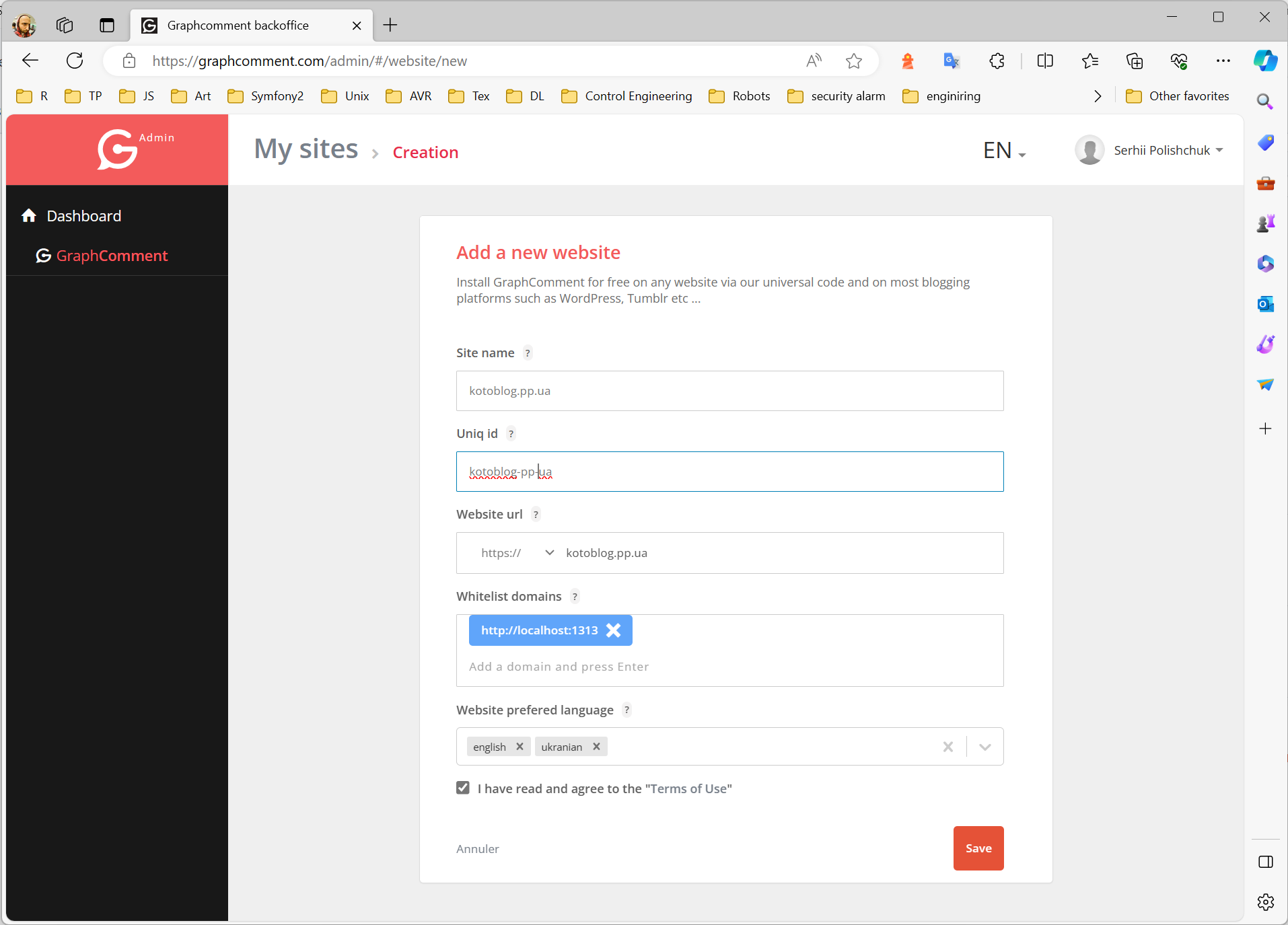 creating website account on GraphComment.com